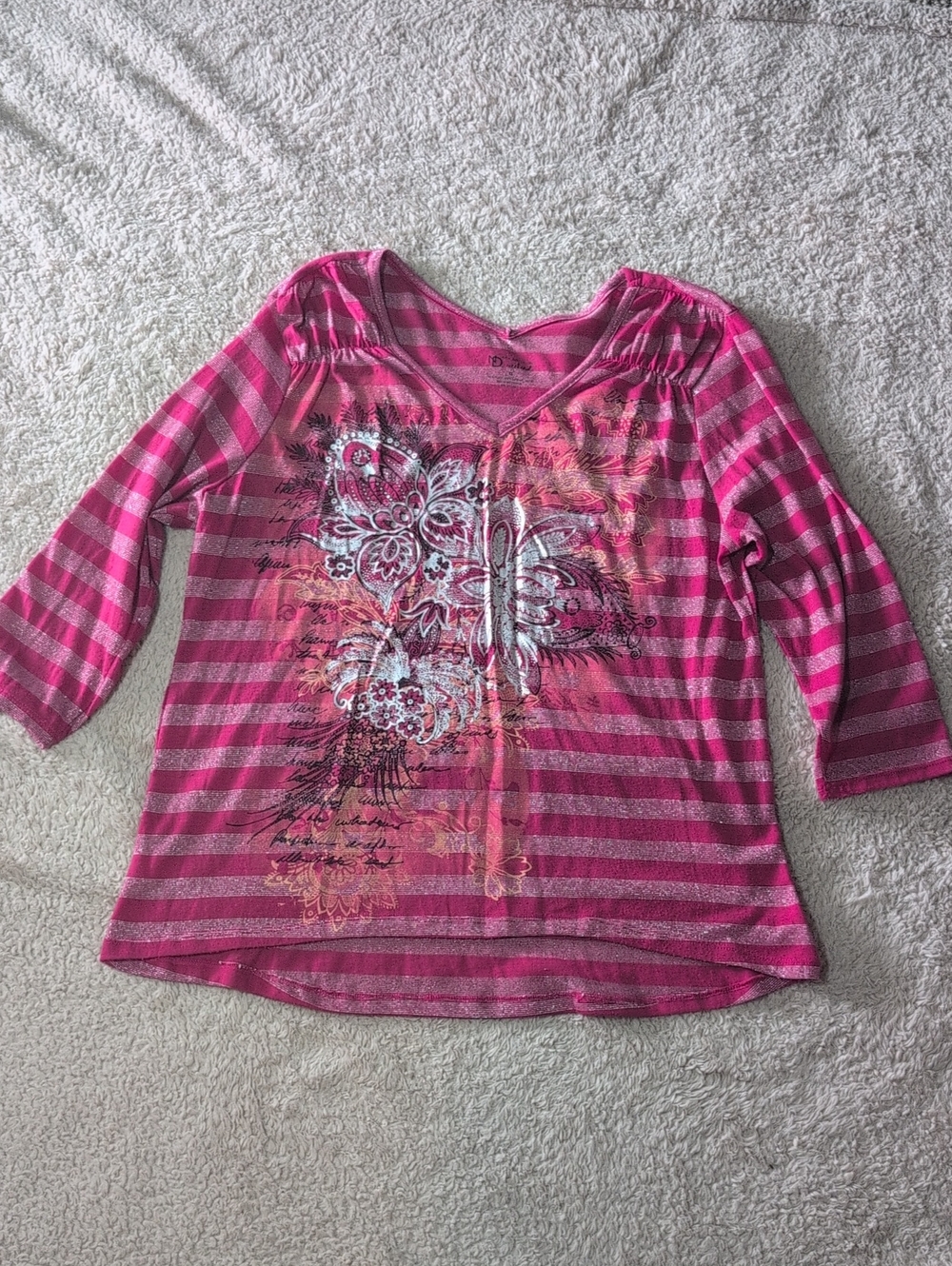 New Directions Women's Pink Striped Floral 3/4 Sleeve Tee Size XL